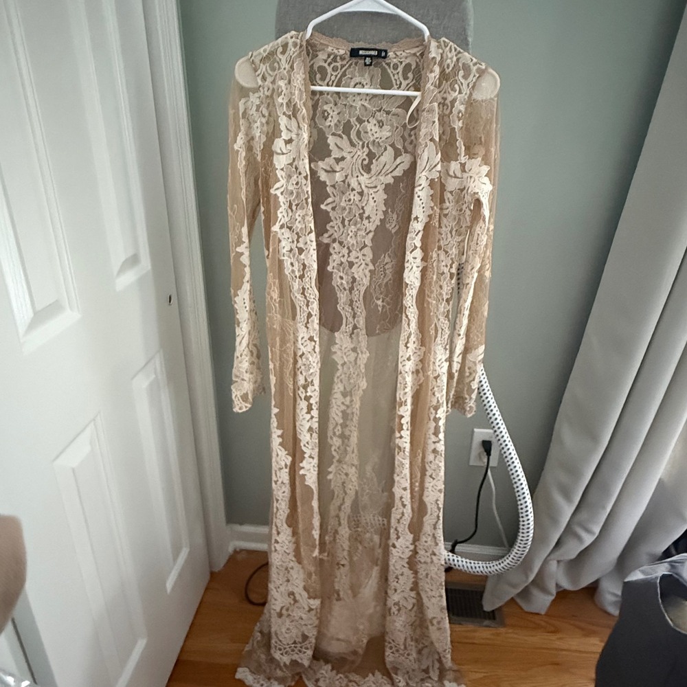Missguided US 2 Cream Floral Lace Maxi Duster Kimono Sheer Boho Bridal